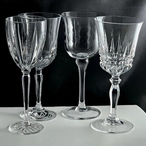 4pc Vintage Mismatched Crystal Wine Glasses approx 8" Assorted Clear Glassware - Picture 3 of 11